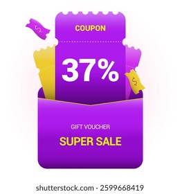 37% coupon promotion sale. Thirty seven percent off super sale design. Envelope with paper vouchers and gift voucher. Vector illustration. Purple and yellow style.