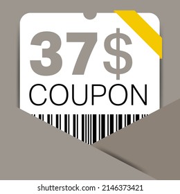 37$ Coupon promotion sale for a website, internet ads, social media gift 37 Dollar off discount voucher. Big sale and super sale coupon discount. Price Tag Mega Coupon discount vector illustration.