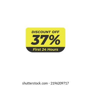 37% discount off price tag product banner label vector art illustration. Isolated on White Background in yellow color