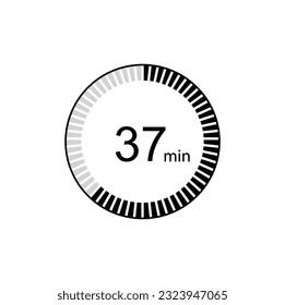 37 minutes icon. Symbol for product labels. Different uses such as cooking time, cosmetic or chemical application time.
