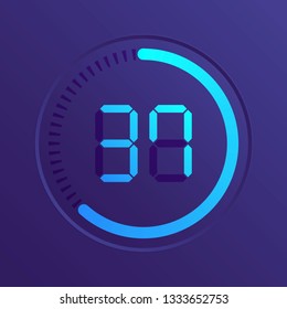 The 37 minutes, stopwatch vector icon, digital timer. Vector digital count down circle board with circle time pie diagram. Watch outline style design, designed for web and app.