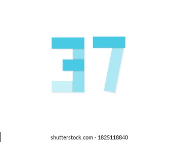 37 number, vector logo, paper cut desing font made of blue color tones .Isolated on white background. Eps10 illustration
