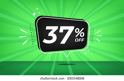 37% off. Green banner with thirty-seven percent discount on a black balloon for mega big sales.