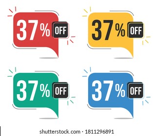 37% de descuento. Etiquetas rojas, amarillas, verdes y azules con un descuento del 36%. Banner con cuatro globos coloridos con ofertas vectoriales especiales