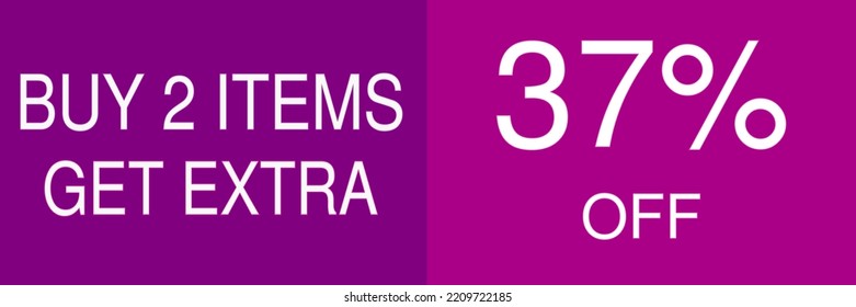 37% off sale gift. Promotion poster, label, flyer, sticker with white font and purple background. Vector illustration. Buy 2 items  get extra.