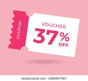 37% off Sale Voucher Coupon. Thirty seven percent promotion illustration. Tag label, sale banner with discount coupon. Pink Vector gift voucher.