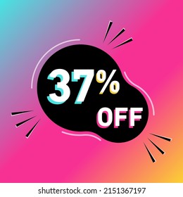 37 % off vector illustration. Thirty seven percent sales promotion. Rounded shape. White, black, blue, yellow and pink.Colorful shadows. Gradient background.
