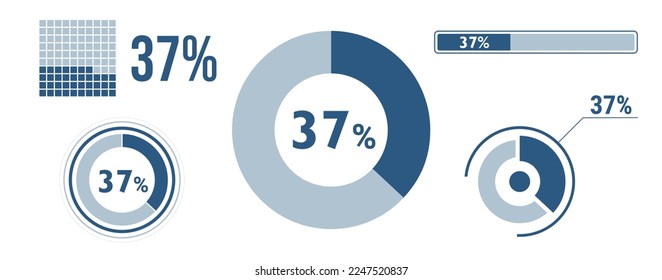 37 percent loading data icon set. Thirty-seven circle diagram, pie donut chart, progress bar. 37% percentage infographic. Vector concept collection, blue color.