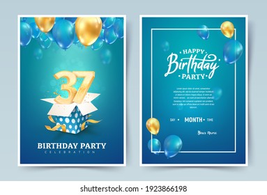 37 th years birthday vector invitation double card. Thirty seven years anniversary celebration brochure. Template of invitational for print on blue background