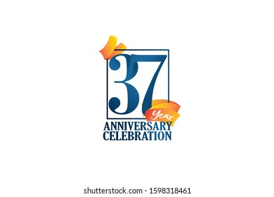 37 Year Anniversary Blue Color with Block Frame and Orange-Yellow Ribbon, Classic Style For Invitation, banner, ads, greeting card - Vector