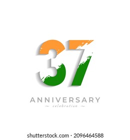 37 Year Anniversary Celebration with Brush White Slash in Yellow Saffron and Green Indian Flag Color. Happy Anniversary Greeting Celebrates Event Isolated on White Background