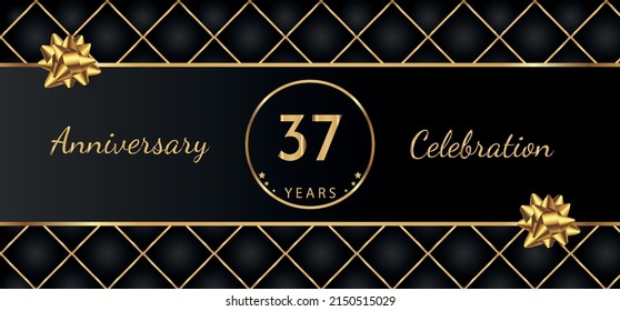 37 Year Anniversary Celebration with Gold Bow for Celebration Events, Wedding, greeting card, birthday party, and Invitation Isolated on Black Background. 37 Years Anniversary Logotype Vector