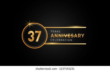37 Year Anniversary Celebration Golden and Silver Color with Circle Ring for Celebration Event, Wedding, Greeting card, and Invitation Isolated on Black Background