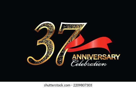 37 Year Anniversary celebration Vector Design with red ribbon and glitter. 37th Anniversary celebration. Gold Luxury Banner of 37th Anniversary. thirty-seventh celebration card