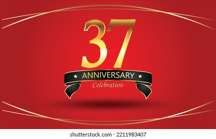 37 Jahre Jubiläum mit rotem Hintergrund. 37. Goldener Jubiläumsbanner. Jubiläumsfeier. Goldenes Jubiläum mit Band