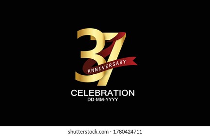 37 year anniversary red ribbon celebration logotype. anniversary logo with Red text and Spark light gold color isolated on black background, design for celebration, invitation - vector
