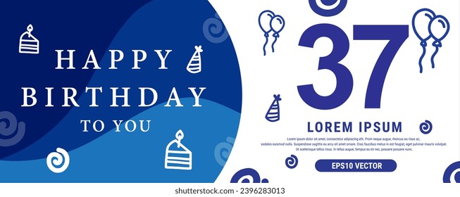 37 year celebration Creative Happy Birthday Text. Blue color decorative banner design, Vector illustration.