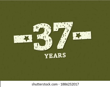 37 years anniversary with badge military, grunge pattern. Army design with star on green camouflage background. Vector perfect for any military labels, posters and armed force etc.