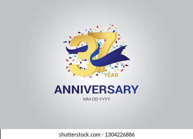 37 years anniversary blue ribbon  with golden and Spark light white color isolated on grey background vector