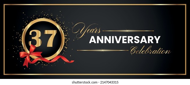 37 Years Anniversary Celebration Gold and Black Color Vector. anniversary celebration logotype with elegant modern number gold color for celebration, gold anniversary celebration, bow, ribbon, luxury.