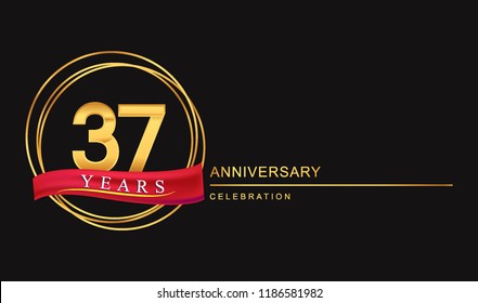 37 years anniversary celebration with golden color and ring, red ribbon for anniversary celebration