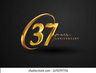 37 Years Anniversary Celebration. Anniversary logo with ring and elegance golden color isolated on black background, vector design for celebration, invitation card, and greeting card