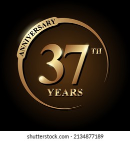 37 years anniversary celebration. Anniversary logo with ring and elegance golden color isolated on black background, vector design for celebration, invitation card, greeting card, and banner