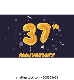 37 Years Anniversary Celebration Logo, Yellow foil balloon colored, Isolated on Dark Purple Background