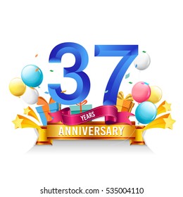 37 Years Anniversary celebration logo, birthday vector illustration, with gift box and balloons, colorful polygonal design.