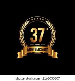 37 years anniversary celebration logotype with golden laurel and wreath, for booklet, leaflet, magazine, brochure poster, banner, web, invitation or greeting card. Vector illustrations.