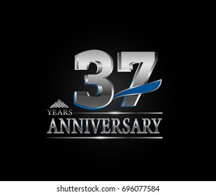 37 years anniversary celebration logotype. anniversary logo with silver color and tiny wing isolated on black background, vector design for celebration, invitation card, and greeting card