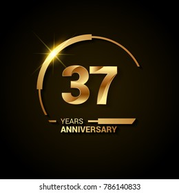 37 Years Anniversary Celebration Logotype. Golden Elegant Vector Illustration with Half Circle, Isolated on Black Background can be use for Celebration, Invitation, and Greeting card
