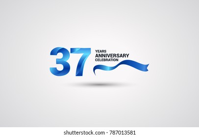 37 Years Anniversary celebration logotype colored with shiny blue, using ribbon and isolated on white background