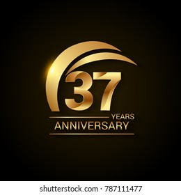 37 Years Anniversary Celebration Logotype. Golden Elegant Vector Illustration  with Gold Swoosh,  Isolated on Black Background can be use for Celebration, Invitation, and Greeting card