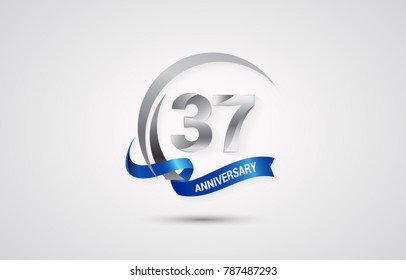 37 Years Anniversary Celebration Logotype. Silver Elegant Vector Illustration  with Swoosh,  Isolated on white Background can be use for Celebration, Invitation, and Greeting card