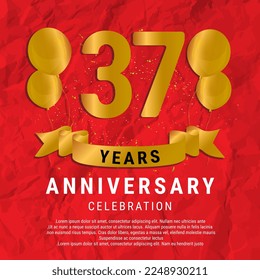 37 Years Anniversary celebration. Luxury happy birthday card background with elements balloons and ribbon with glitter effects. Abstract Red with Confetti and Golden Ribbon. Vector Illustration EPS10