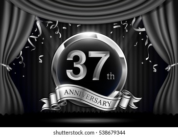 37 years anniversary celebration. with silver ribbon. Curtain background and light shine.