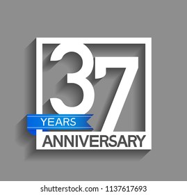 37 years anniversary celebration square style blue ribbon isolated on gray background