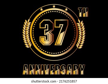 37 years anniversary. Gold vector with rings for 37 years anniversary celebration on black background.