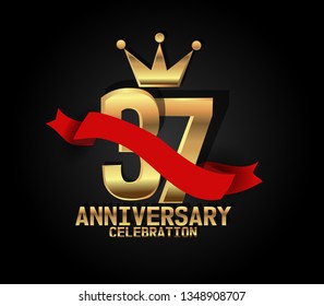 37 years Anniversary golden font with black background and red ribbon, and golden crown. Font with shadow and ribbon on top golden font. crown on the text. simple, luxury, and elegant design