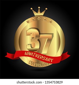 37 years anniversary with golden font, circle, crown, and star with red ribbon. anniversary text on top ribbon. Design like coin or medal with crown on top. My all design can see in my portofolio