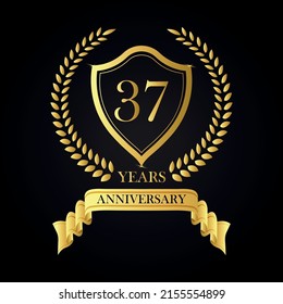 37 years anniversary golden laurel wreath, Anniversary label set, Vector set of anniversary golden signs logo, 37 anniversary luxury design template vector