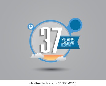 37 years anniversary illustration style with blue circle, orange fluid and cloud for party celebration event