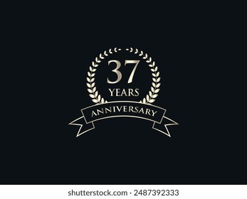 37 Years Anniversary Logo. Celebrating Success. Symbol of Eternal Achievement. Proud Heritage. Logo with Laurel Wreath and Ribbon. Years of Glorious Memories. Jubilee of Joy. Golden Celebratory Crest.