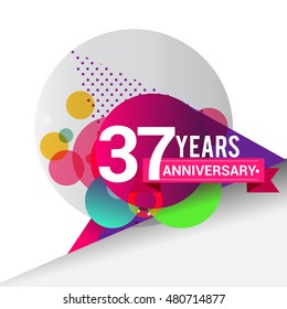 37 Years Anniversary logo with colorful geometric background, vector design template elements for your birthday celebration.
