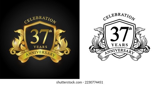 37 years anniversary logo with golden shield and ribbon for booklet, leaflet, magazine, brochure poster, banner, web, invitation or greeting card. Vector illustrations.