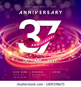 37 years anniversary logo template on purple Abstract futuristic space background. 37th modern technology design celebrating numbers with Hi-tech network digital technology concept design elements.