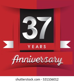 37 years anniversary logo with white ribbon isolated on red background, flat design style, Vector template elements for birthday celebration.