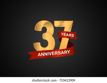 37 years anniversary logotype with elegance gold color and warp red ribbon