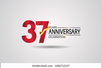 37 years anniversary logotype with red color and golden ribbon isolated on white background for celebration event